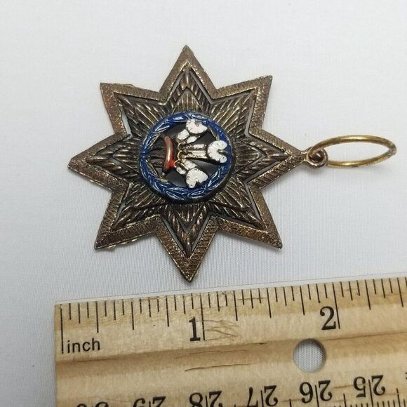 Vintage Prince of Wales Logo Enamel 8 Pointed Star Medallion Pendant Bronze Tone - Picture 5 of 6